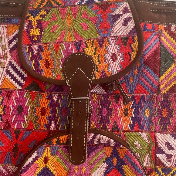 Huipil and leather bohemian colorful embroidered extra large backpack - Picture 3 of 11